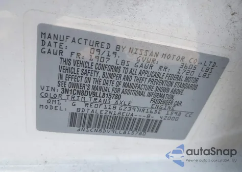 2020 Nissan Versa S Xtronic Cvt from USA, damaged, VIN 3N1CN8DV9LL815780